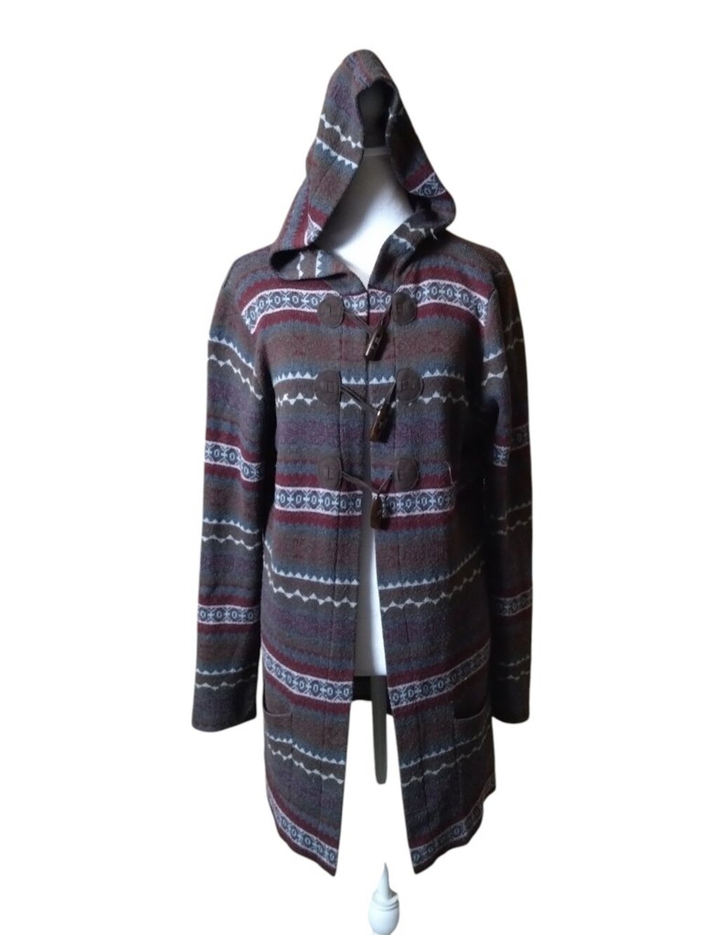 KERISMA Hooded Duster Cardigan Toggle Closure Pockets Size Large Southwestern